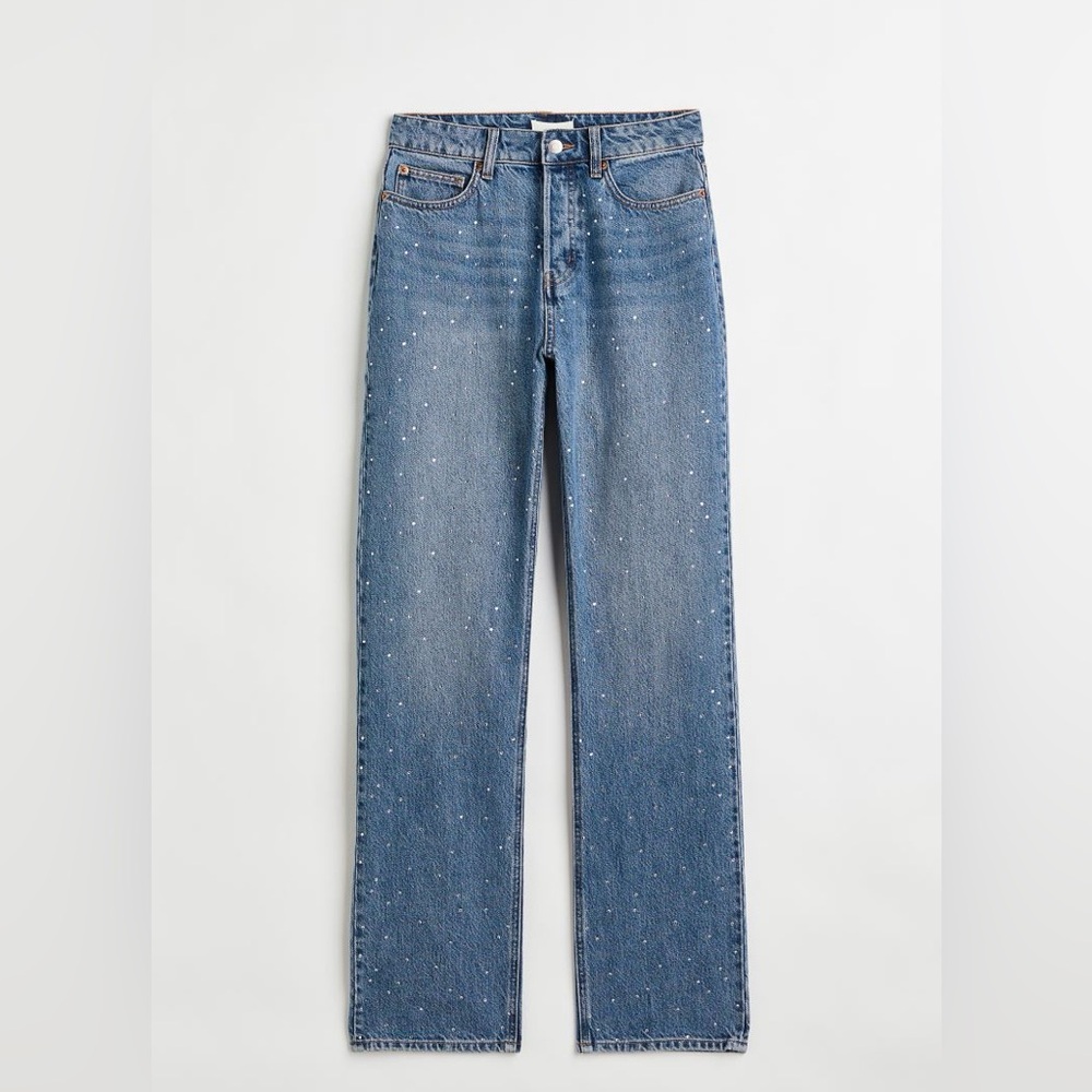 Straight high rhinestone embellished jeans H&M